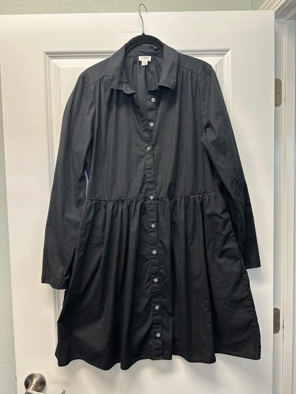 J. Crew Black Button-Front Long Sleeve Cotton Blend Gathered Shirt Dress
